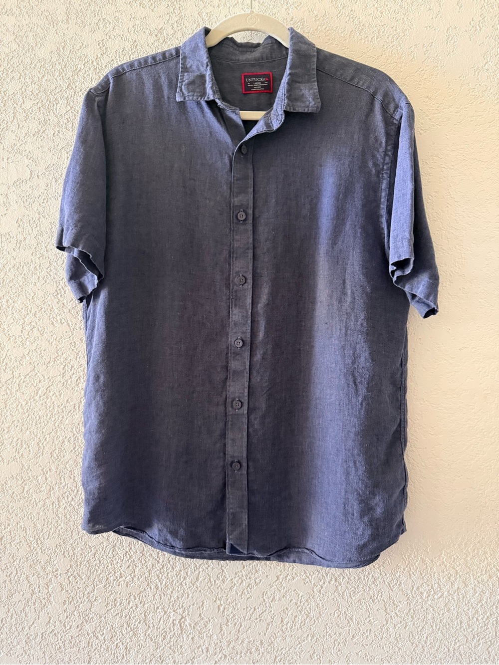 UNTUCKit Men's Blue 100% Linen Button Down Preppy Casual Short Sleeve Shirt Sz L
